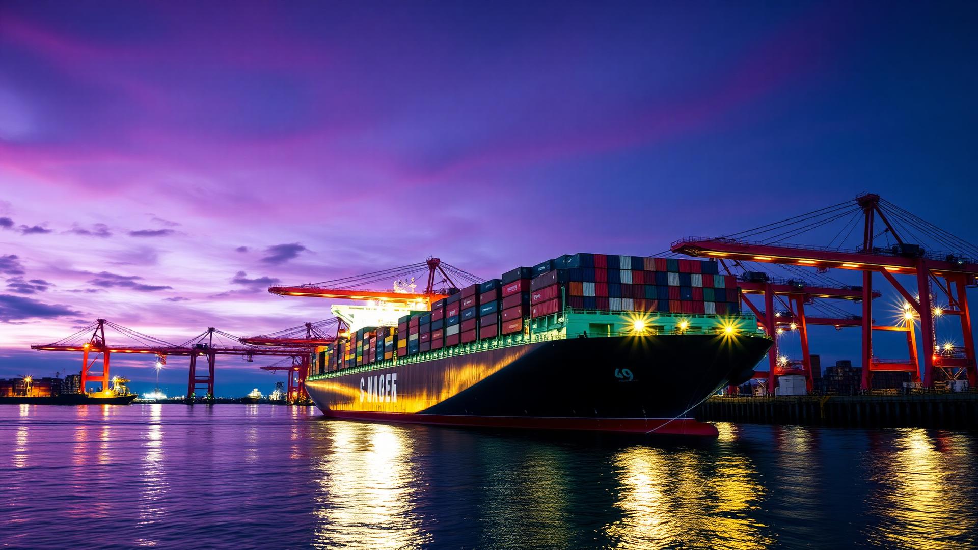 Container ship entering a modern automated port at dusk